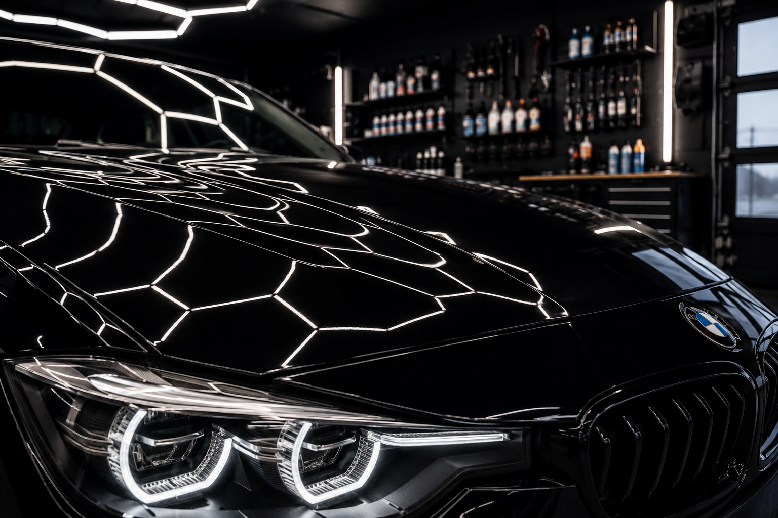 Lackreflexion — Hexagon-Licht auf BMW Motorhaube